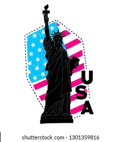 Illustration of statue of Liberty from New York on american flag background. Print for t shirt, bags and clothes.