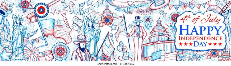 illustration of Statue of Liberty on American flag background for Fourth of July, Independence Day of America