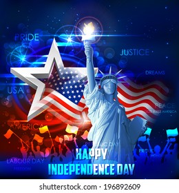 illustration of Statue of Liberty on American flag background for Independence Day