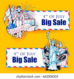 illustration of Statue of Liberty on American flag promotional advertisement background for Fourth of July, Independence Day of America