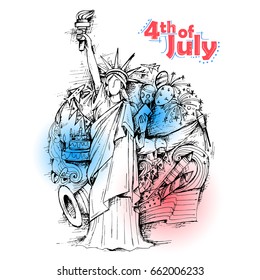 illustration of Statue of Liberty on American flag background for Fourth of July, Independence Day of America