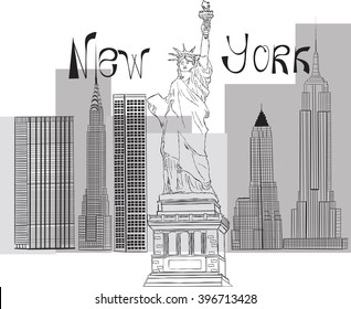 illustration of Statue of Liberty on the background of the famous skyscrapers of Manhattan. EPS10