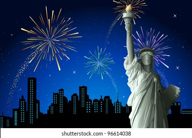 illustration of statue of liberty on firework background