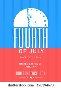 Illustration of Statue of Liberty and stylish text Fourth of July on blue and red background for Independence Day celebrations. 