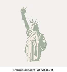 Illustration of the Statue of Liberty, a symbol of freedom and democracy. The iconic statue holds a torch, representing liberty and hope. Classic design. Vintage illustration isolated, vector.