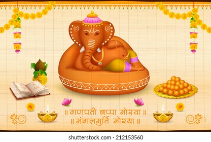 illustration of statue of Lord Ganesha made of clay Ganesh Chaturthi with text Ganpati Bappa Morya (Oh Ganpati My Lord)