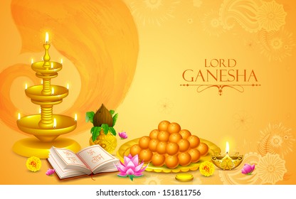 illustration of statue of Lord Ganesha with sweet and holy object