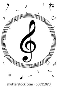 Illustration of a stave with music notes on white background