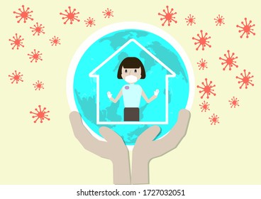 Illustration stay at home helps reduce the risk of the spread of the corona virus 2019.