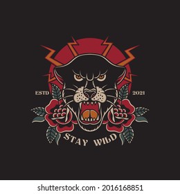 Illustration of stay wild black panther traditional tattoo vector