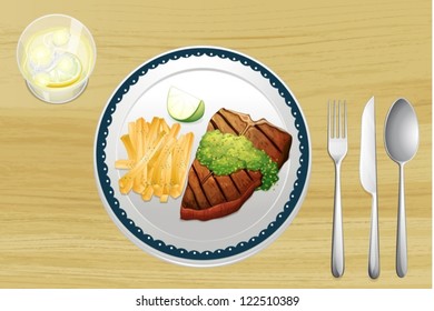 Illustration of a steak and french fries on a wooden table