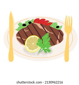 illustration of steak with lemon and salad served on a plate