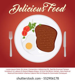 Illustration of a steak with omelet in a dish. Elements and icons for cards, illustration, poster and web design