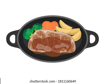 Illustration of steak on an iron plate.