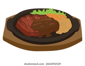 Illustration of steak on an iron plate, equipped with vegetables and mashed potato.