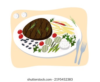 Illustration of steak with vegetables and sauce on a plate. Vector illustration of steak in cartoon style. Juicy steak with vegetables on a plate. The concept of a traditional meat dish.