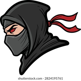 Illustration of a stealthy ninja warrior with masked face and piercing red eyes showing intent for action or covert operation