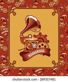 illustration of Steam punk with an antique gramophone mechanical components and rotating parts