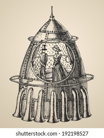 Illustration Of A Steam Punk Rocket Ship In A Vintage Retro Style, Hand Drawn