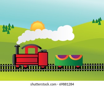 illustration of steam train in countryside.