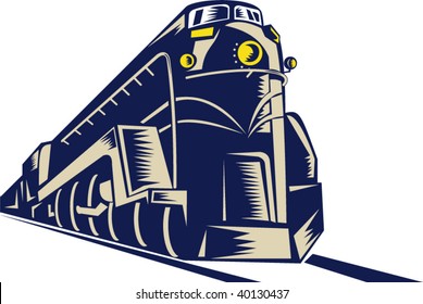 illustration of a steam train locomotive coming towards the viewer done in retro woodcut style.