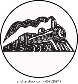 Illustration of a steam train locomotive coming up viewed from low angle set inside circle on isolated background done in retro woodcut style. 