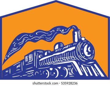 Illustration of a steam train locomotive coming arriving viewed from low angle set inside shield crest on isolated background done in retro style. 