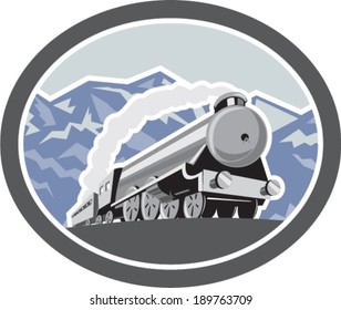 Illustration of a steam train locomotive traveling with mountains in background viewed from front set inside oval shape done in retro style.