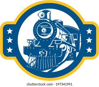 Illustration of a steam train locomotive viewed from front set inside circle done in retro style on isolated white background. 