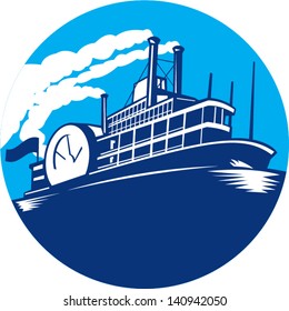 Illustration of steamboat ferry passenger ship vessel sailing set inside circle done in retro style.