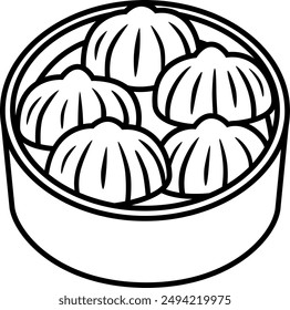 Illustration of steamed dumplings in a bamboo steamer drawn with black lines