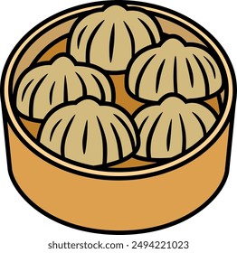 Illustration of steamed dumplings in a bamboo steamer drawn with black lines