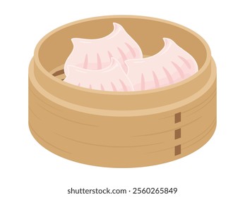 Illustration of steamed shrimp dumplings in a bamboo steamer