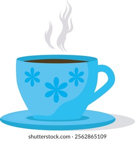 Illustration of a steaming blue tea cup with floral patterns on a matching saucer, perfect for themes related to beverages, relaxation, or cozy moments.