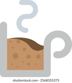 Illustration of a steaming cup of coffee or hot beverage, with a handle on the right side and steam rising from the brown liquid inside, minimalistic cartoon-like style