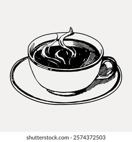 Illustration of a steaming cup of coffee on a saucer. Black and white coffee cup drawing. Simple coffee art with steam rising. Classic coffee cup sketch.