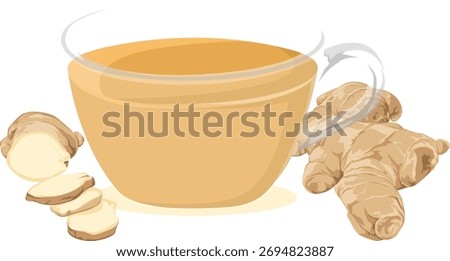 Illustration of a steaming cup of ginger tea with fresh ginger root and slices beside it.