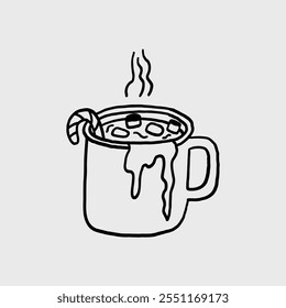 Illustration of a steaming hot chocolate mug with a candy cane. Vector hand drawn illustration in freehand style