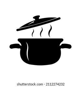 Illustration of a steaming pan with a lid. Isolated on white background, silhouette of cooking in a hot saucepan as icon and logo. Vector graphics