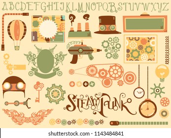 Illustration of Steampunk Design Elements from Hat, Board and Cogwheels