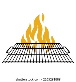 Illustration of steel grill grate with fire. Stylized kitchen and restaurant utensil.