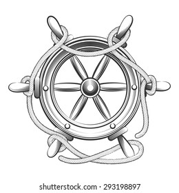 Illustration of steering wheel with ropes. Engraving style. Isolated on white background.