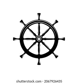 Illustration of steering wheel in vintage monochrome style. Design element for logo, label, sign, emblem, poster. Vector illustration