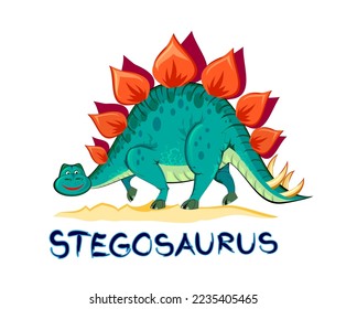 Illustration of stegosaurus. Prehistoric extinct dinosaur. Jurassic world animals. Isolated drawing on white background. Print for fabric, kids clothes, embroidery, wallpaper. Flat cartoon vector.