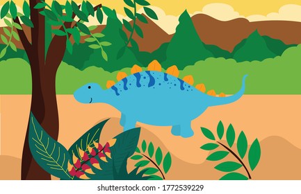 Illustration Stegosaurus and prehistoric forest. volcano, river, forest