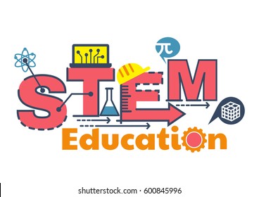 Illustration of STEM education word typography design.- science, technology, engineering, mathematics with icons ornament elements