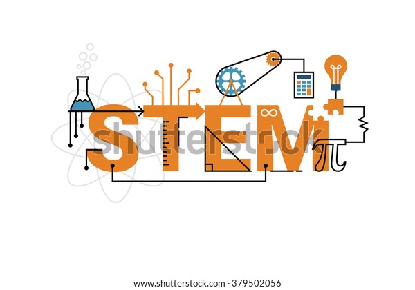 Illustration of STEM education word\
typography design in orange theme with icon ornament\
elements