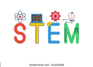 Illustration of STEM - science, technology, engineering, mathematics education word typography design in colorful fun theme with icon ornament elements