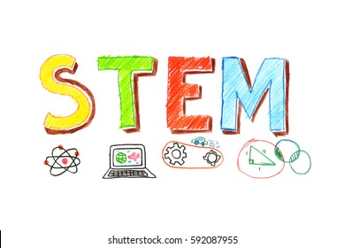 Illustration Of STEM - Science, Technology, Engineering, Mathematics Education Word Typography Design In Kid Hand Drawn Style. Concept For Ui, Ux, Web, App Banner Design