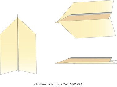 Illustration of steps to make a paper airplane on a white background, showing the front, side and top perspective. Concept of handicraft, creativity and simplicity.